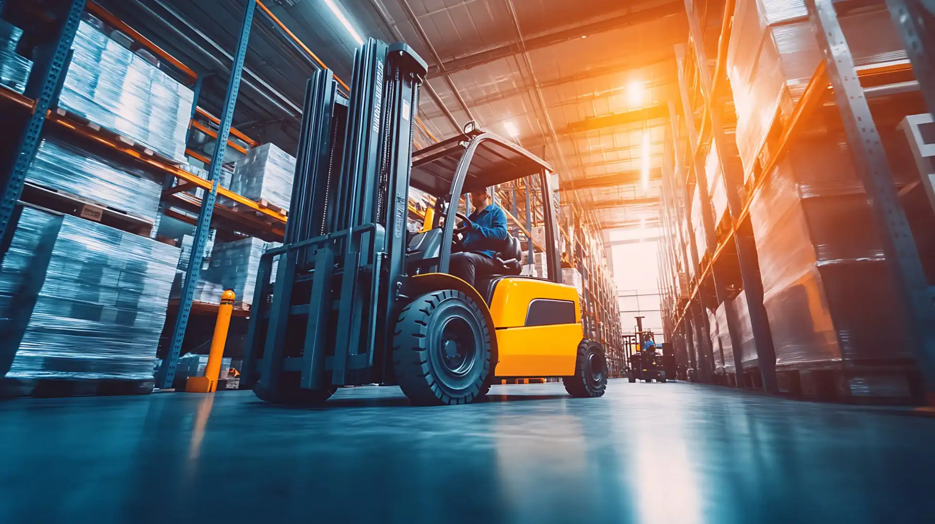 Forklift in use within a warehouse/factory setting with dramatic lighting and orange glow